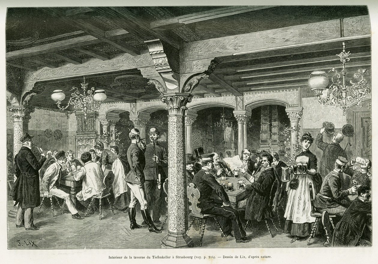 Interiør i Tiefenkeller-værtshuset i Strasbourg. Gravering af Lix, for at illustrere historien A Through Alsace and Lorraine, i 1887, af Charles Grad, tysk deputeret, i tour du monde 1888, instrueret af Edouard Charton (1807-1890), Hachette, Paris. af Frederic Theodore Lix