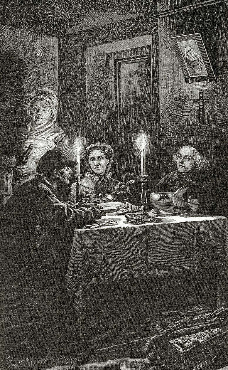 Jean Valjean modtages og passes af biskop Myriel, 1800-tallet (bw-gravering) af Frederic Theodore Lix