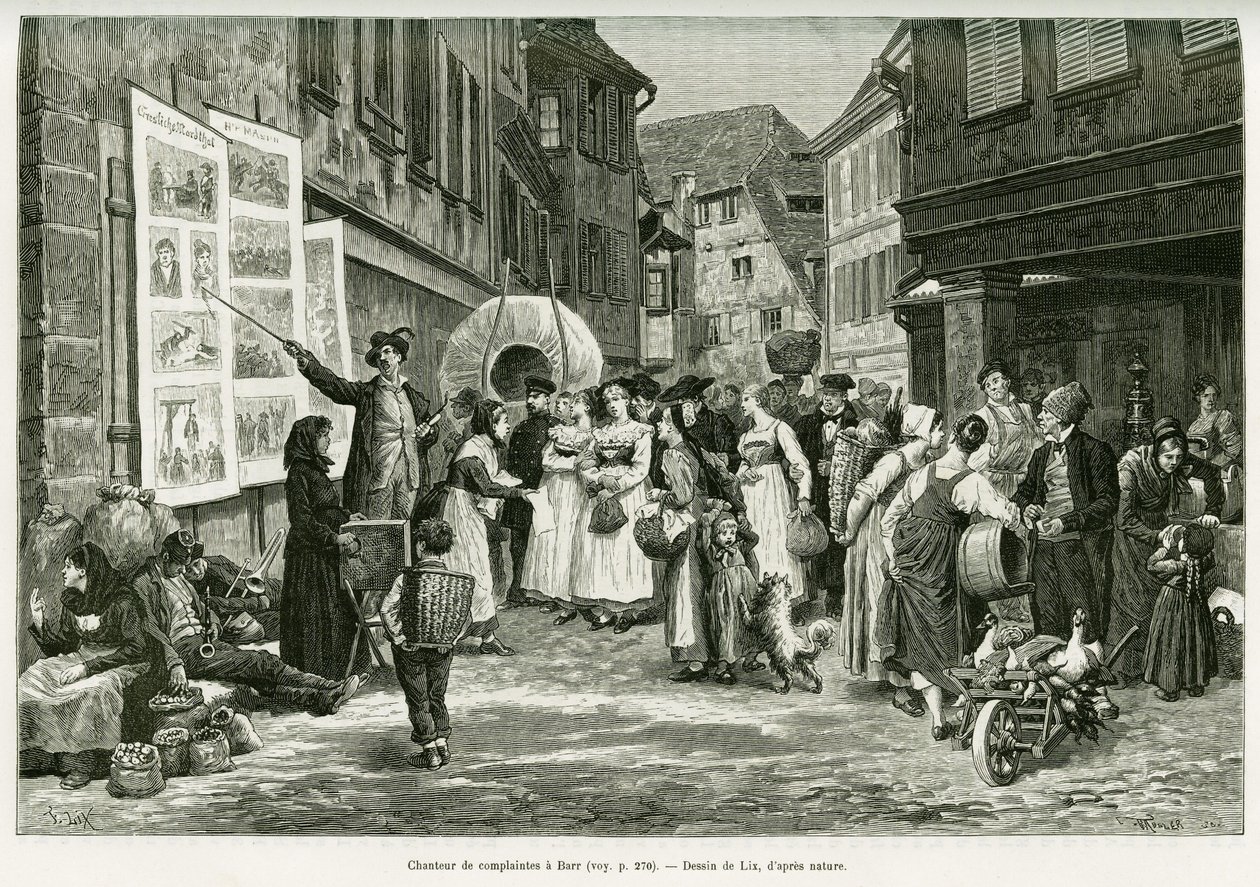 Klagesanger i Barrs gader. Gravering af Lix, for at illustrere historien A Through Alsace and Lorraine, i 1887, af Charles Grad, tysk deputeret, i tour du monde 1888, instrueret af Edouard Charton (1807-1890), Hachette, Paris. af Frederic Theodore Lix