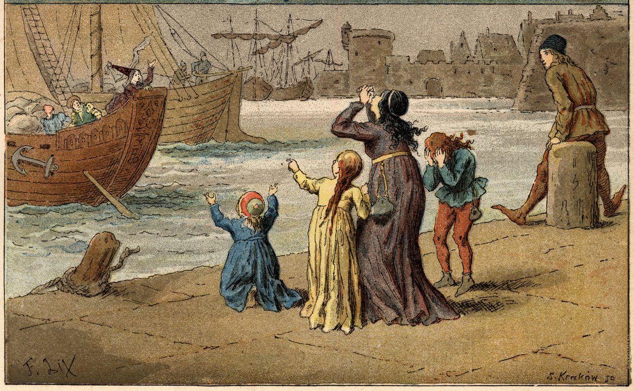 Populær sang: "A Nantes est arrive"". Børn sørger over deres hav, taget væk af en sømand. Illustration (detaljeret) af Frederic Theodore Lix (1830-1897) i "" Chansons et rounds enfantines des provinces de la France"" af Frederic Theodore Lix