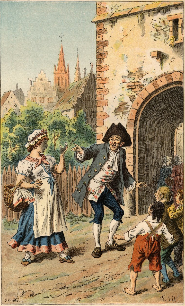 Populær sang: "A Paris y a-t-une dame"". En mand gør grin med en stuepige, så ansigtet er dækket af polish. Illustration af Frederic Theodore Lix (1830-1897) i "" Chansons et rounds enfantines des provinces de la France"" af Frederic Theodore Lix