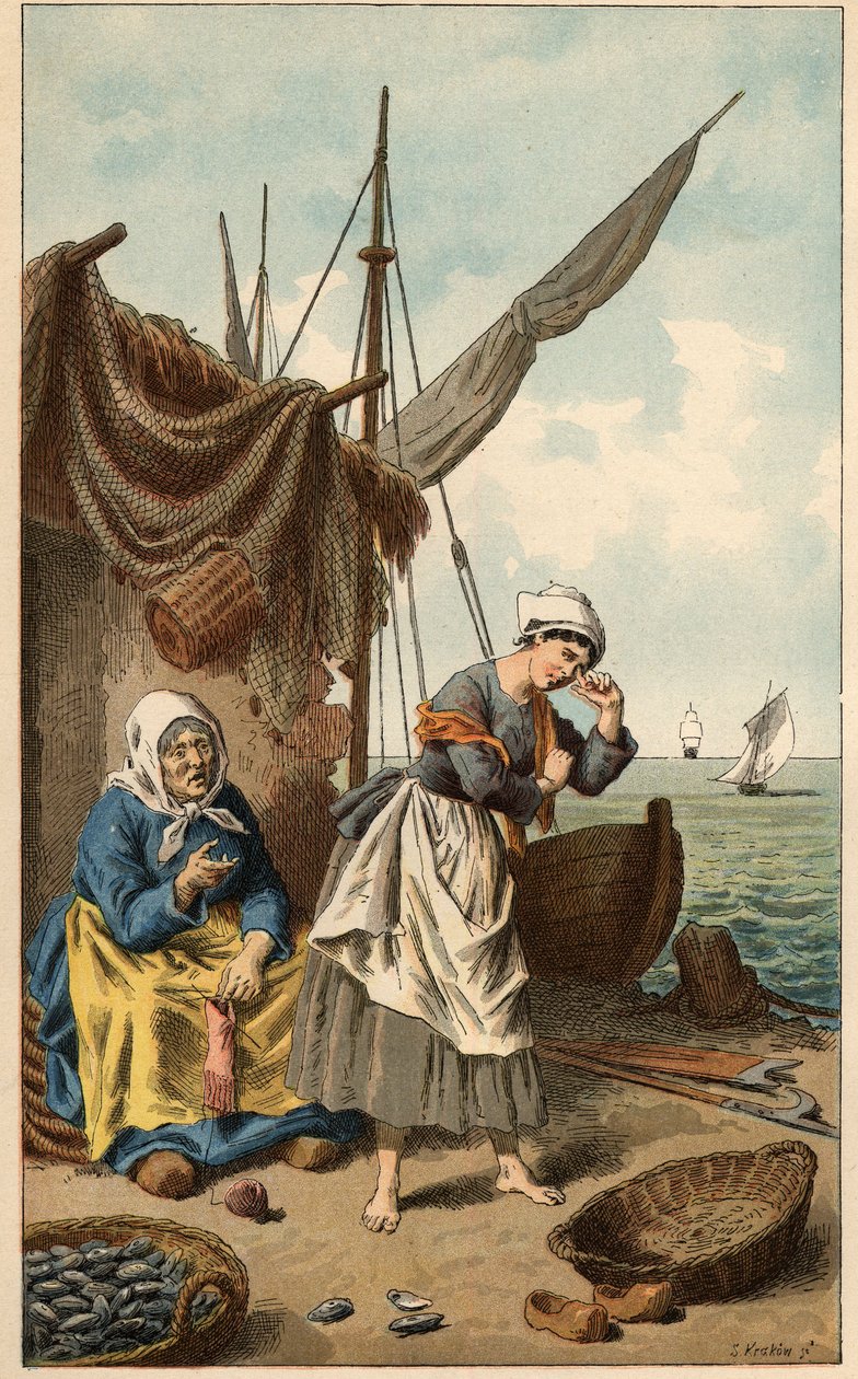 Populær sang: "" Muslingefiskeri"" Illustration af Frederic Theodore Lix (1830-1897). Frontispice af "Børnesange og runder i provinserne i Frankrig" af Frederic Theodore Lix