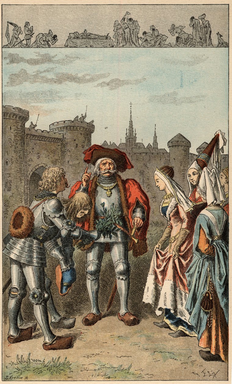 Populær sang: "" Det var Anne af Bretagne""". Dronning af Frankrig Anne de Bretagne (1477-1514), der ankommer til Rennes, modtager en buket verbena. Illustration af Frederic Theodore Lix (1830-1897) i "" Chansons et rounds enfantines des provinces de la Fr af Frederic Theodore Lix