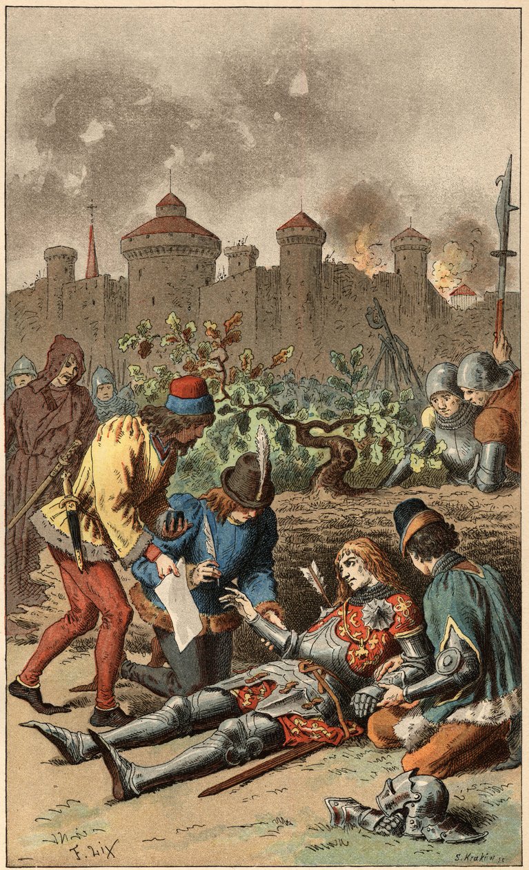Populær sang: "It was the Grand Duke of Maine"". Hertugen af Maines død, gennemboret af en pil. Illustration af Frederic Theodore Lix (1830-1897) i "" Chansons et rounds enfantines des provinces de la France"" af Frederic Theodore Lix