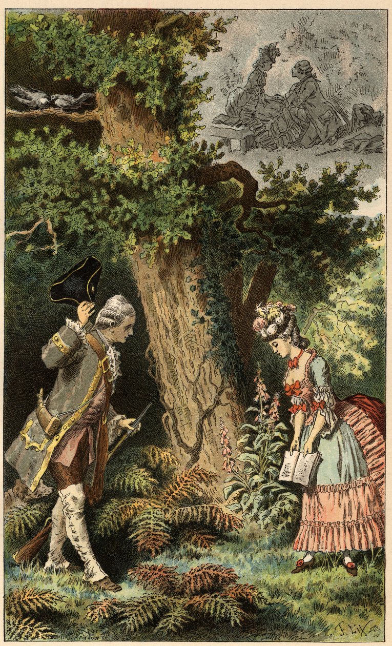 Populær sang: "Lad os gå ind i denne charmerende lille skov"". Illustration af Frederic Theodore Lix (1830-1897) i "" Chansons et rounds enfantines des provinces de la France"" af Frederic Theodore Lix