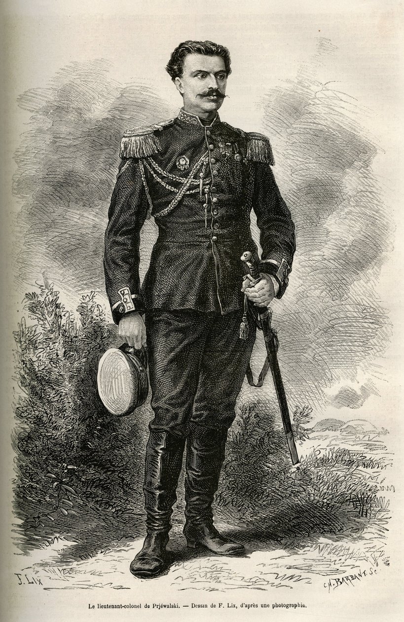 Portræt af den rejsende og fortæller oberstløjtnant af Prjewalski, tegning af F.Lix til illustration af rejsen til Mongoliet og Tanguternes land fra 1870 til 1873, af oberstløjtnant af Prjewalski. Indgravering i Le tour du monde af Frederic Theodore Lix