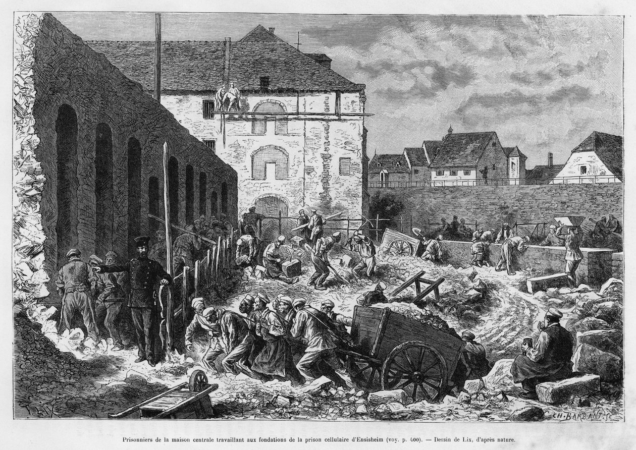 Fanger i det centrale hus, der arbejder på fundamentet af Ensisheim-cellefængslet. Gravering af Lix til illustration af historien A travers l