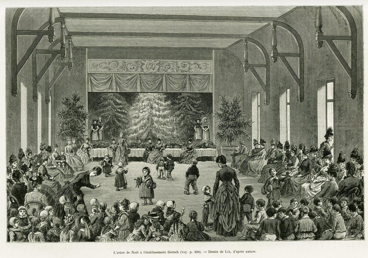 Juletræet på Dietsch-etablissementet. Gravering af Lix, for at illustrere historien A Through Alsace and Lorraine, i 1887, af Charles Grad, tysk deputeret, i tour du monde 1888, instrueret af Edouard Charton (1807-1890), Hachette, Paris. af Frederic Theodore Lix