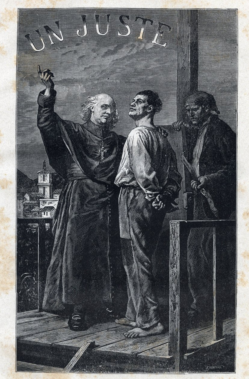 Den eveque Myriel ledsager en dødsdom, der klatrer på stilladset - Illustration af Frederic Theodore Lix (1830-1897) til "The Miserables - First Part: Fantine" af Victor Hugo (1802-1885) 1862 af Frederic Theodore Lix