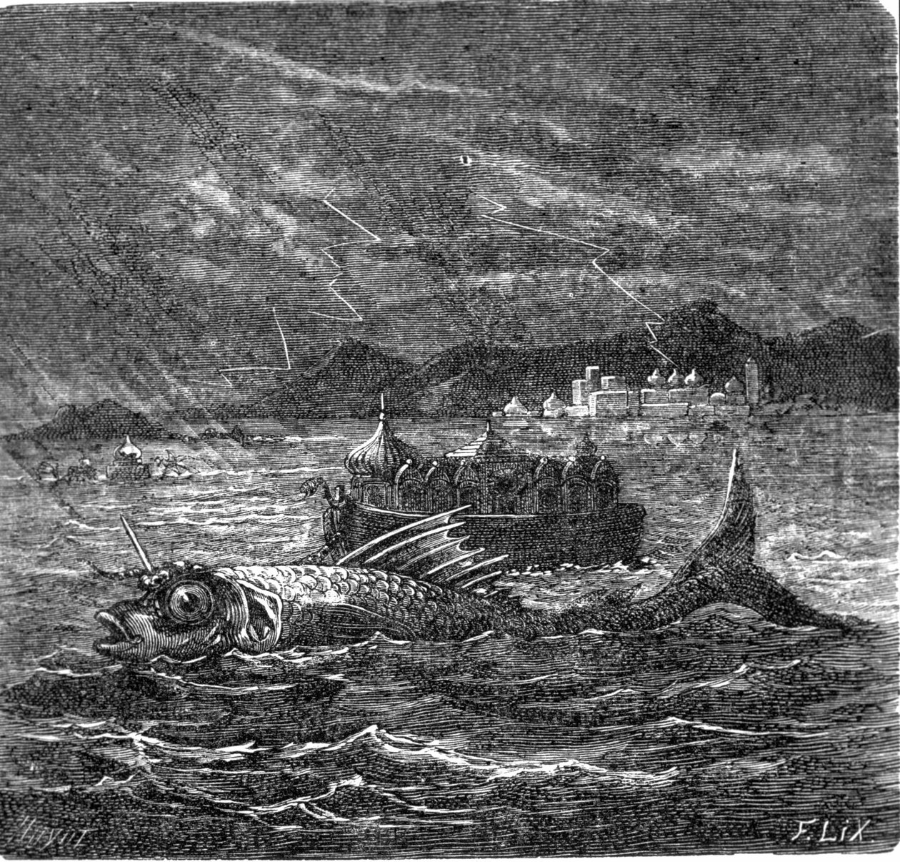 Den universelle oversvømmelses gigantiske fisk ifølge hinduerne. af Frederic Theodore Lix