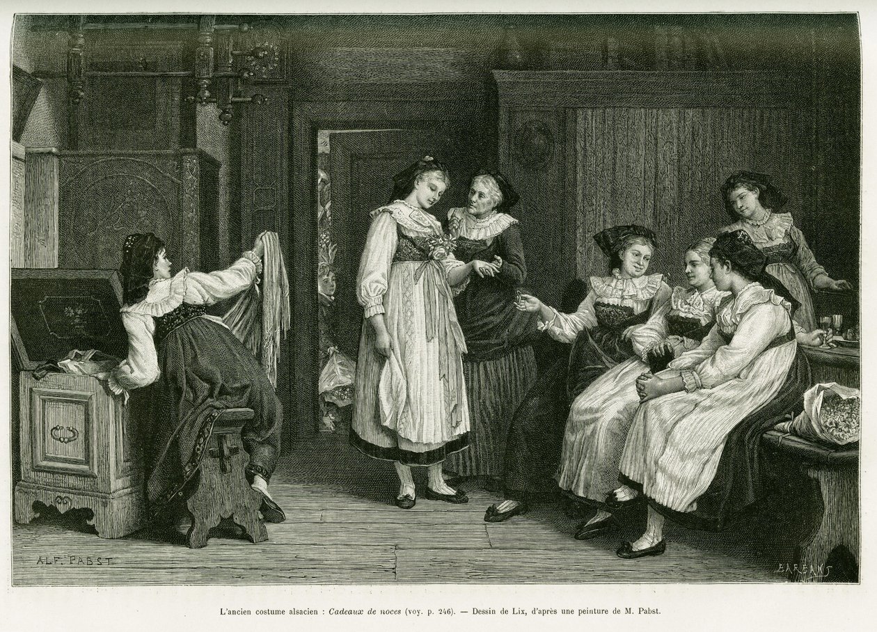 Den gamle Alsace-dragt. Gravering af Lix, efter et maleri Present de Noces af Pabst, for at illustrere historien A Through Alsace and Lorraine, af Charles Grad, tysk deputeret, i 1885, i tour du monde 1887, under ledelse af Edouard Charton (1807) af Frederic Theodore Lix