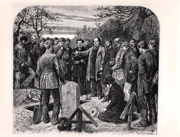 Victor Hugo (1802-85) på Guernsey holder begravelsestale af en ledsager i eksil, ca. 1880 (gravering) (s/h foto) af Frederic Theodore Lix