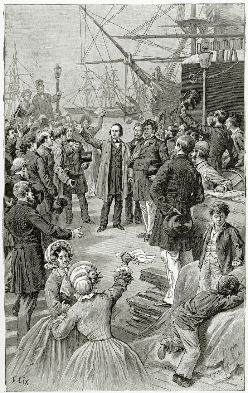 Victor Hugo hylder en universel republik under en tale, mens han var i eksil den 1. august 1852, 19. århundrede (bw-gravering) af Frederic Theodore Lix
