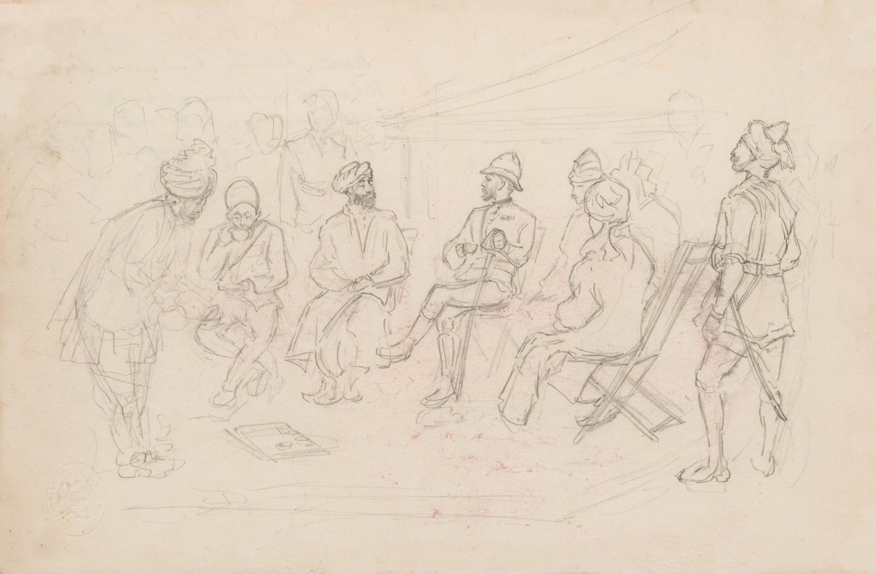 Mødet mellem Cavagnari og Khan fra Lalpura ved Dakka i februar 1879 (blyant) af Frederic Villiers