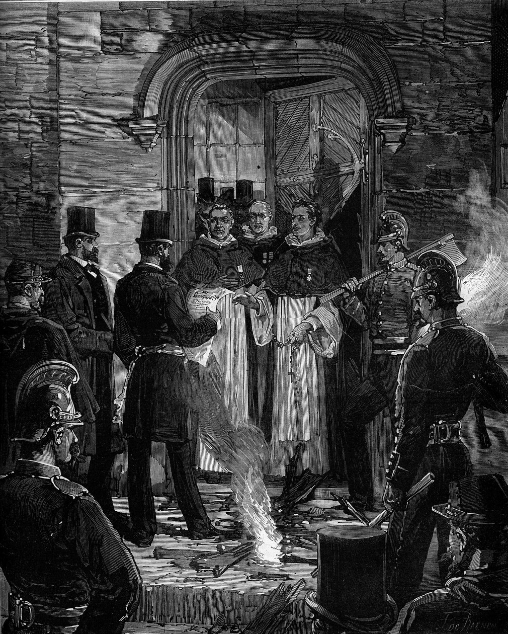 Udvisning af dominikanere fra Rue de Jean de Beauvais i Paris som følge af dekreterne fra marts 1880, truffet af Jules Ferry og fjernelse af retten til at undervise medlemmer af uautoriserede religiøse menigheder: læsning af meddelelsen om dekreter til R.P af Frederic de Haenen