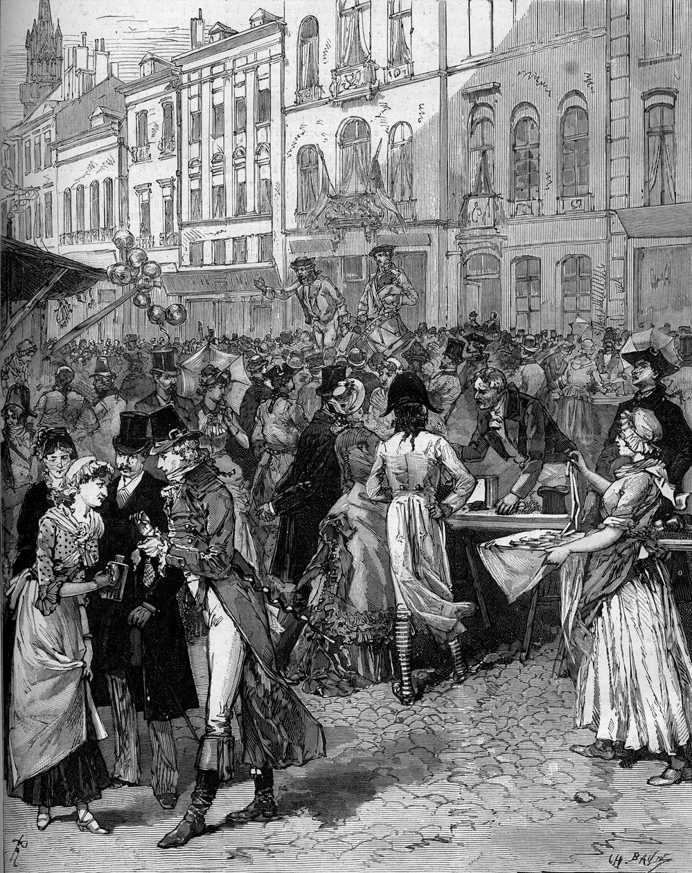 Historisk fejring af fejringen af belejringen af Lille i 1792: Braderie Watteau (den store messe) i byens gader med de fashionable indbyggere fra det 18. århundrede. Indgravering af De Haenen i "" Le Monde Illustré"" nr. 1334 af 21. okt. af Frederic de Haenen