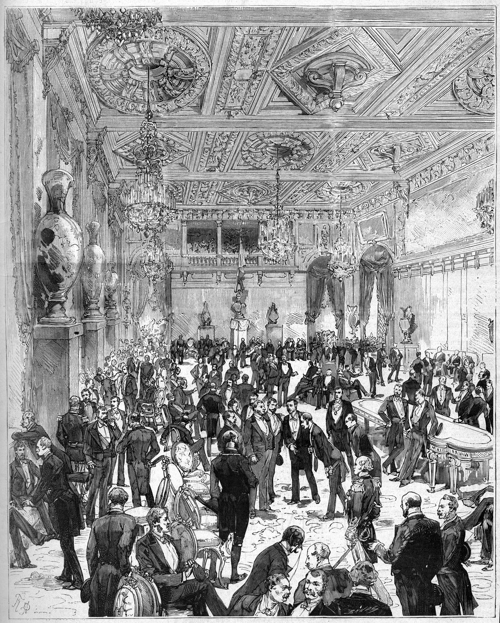 Indvielse af Hotel de Ville de Paris den 14. juli 1882, genopbygget efter branden i 1871: udsigt over byrådslokalet ved ankomsten af præsident Jules Grevy (1807-1891). Indgravering af De Haenen og Dosso i "" The Illustrous World"" nr. 1321 af 22. juli af Frederic de Haenen