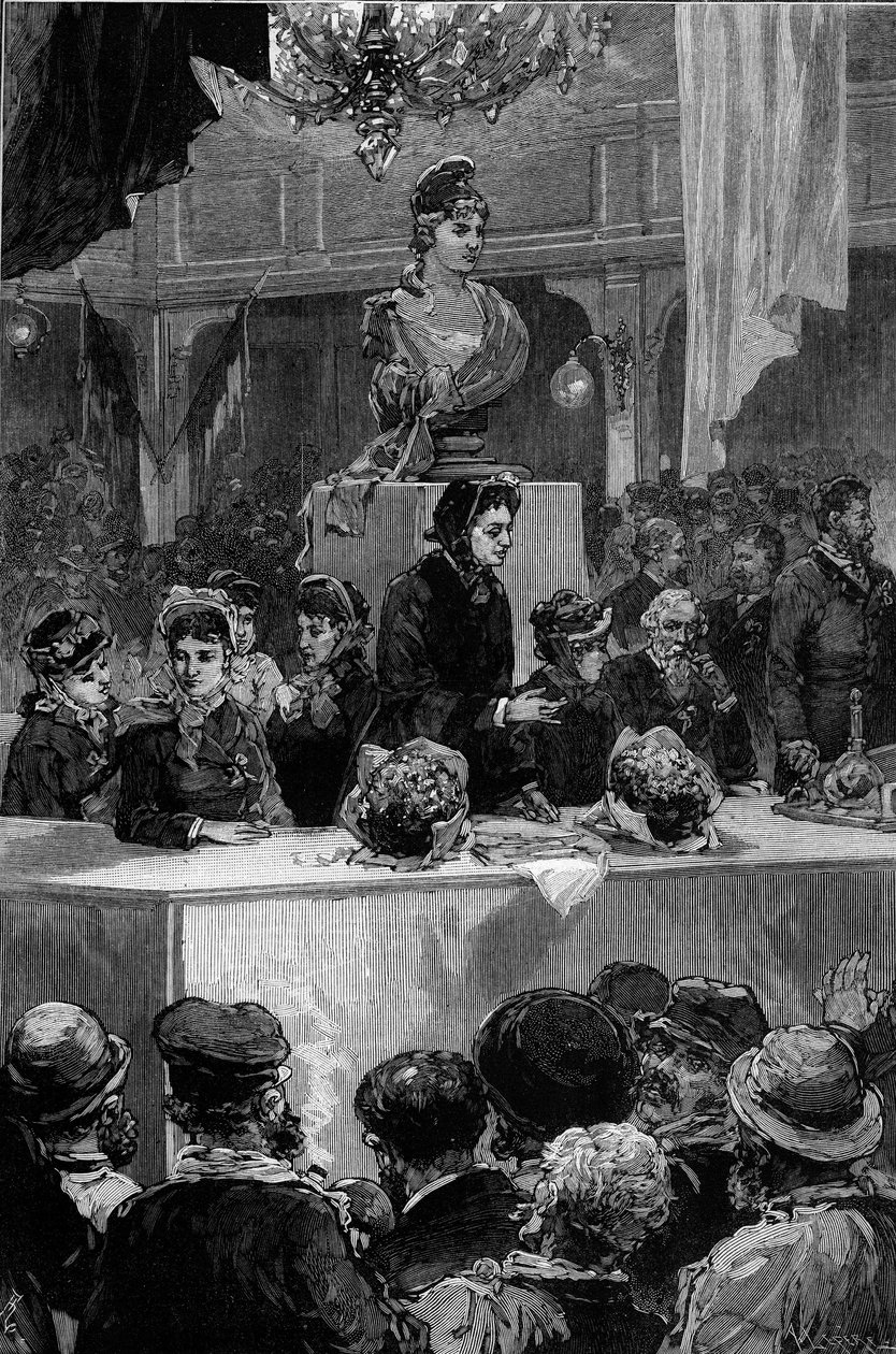 Foredrag af Louise Michel (1830-1905), Graffard-værelset i Paris, 30. november 1880. Indgravering af de Haenen i "" Den illustere verden"" nr. 1237 af 11. december 1880. af Frederic de Haenen