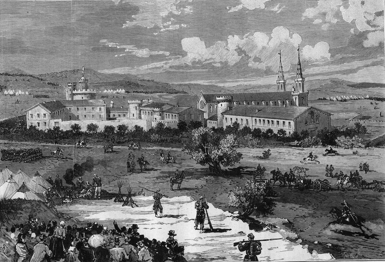 Placering af lejrene for general Guyon Verniers (Guyon-Vernier) tropper under belejringen af Prewatches Abbey i Frigolet, Bouches du Rhone (13) af Frederic de Haenen