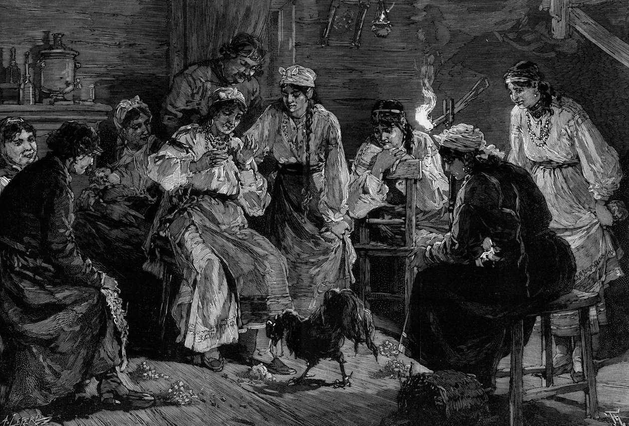 Russisk skik: hanens horoskop. Nytårsaften lægger de unge piger, der skal giftes, mad for deres fødder. Den, hvis hane plukker maddingen først, vil gifte sig om året. Indgravering af De Haenen i "" The Illustrous World"" nr. 1241 af 8. januar 188 af Frederic de Haenen