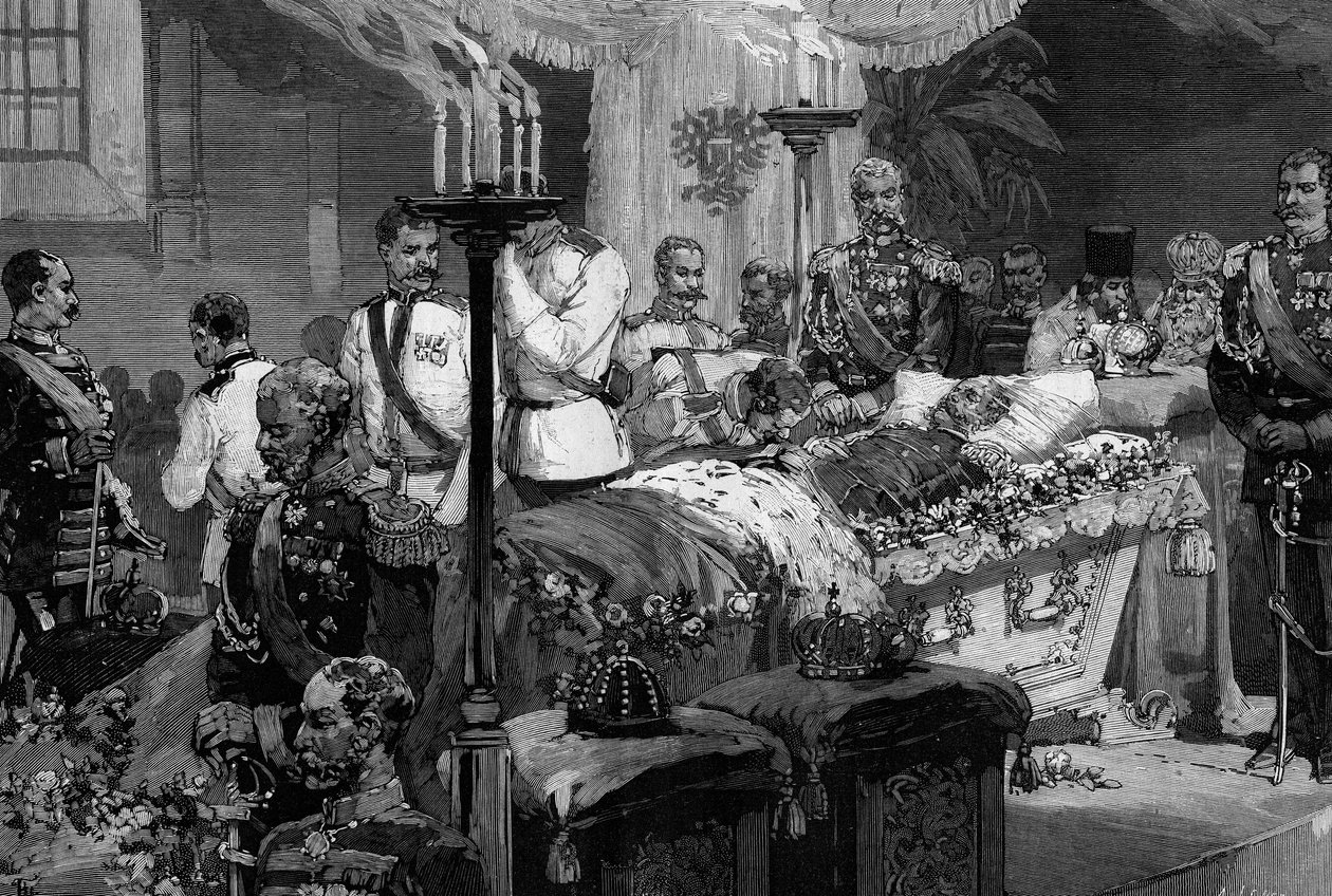 Soldater fra slagskibsregimentet af Alexander II (1818-1881) vil kysse den afdøde zars hånd i katedralen St. Peter og Paul af Skt. Petersborg (Skt. Petersborg) af Frederic de Haenen