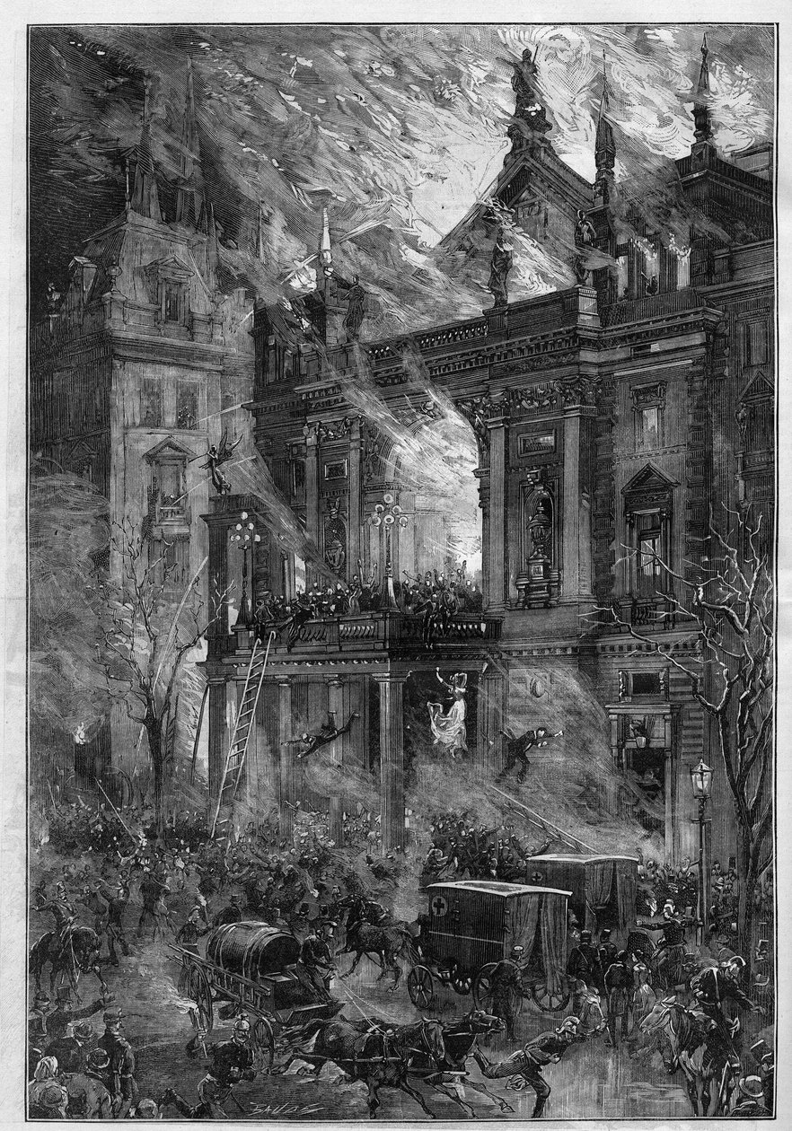 Branden i Opera Wiener Ringtheater i Wien (Østrig) den 5. december 1881. Indgravering af De Haenen i "" Le Monde Illustré"" nr. 1291 af 24. december 1881. af Frederic de Haenen