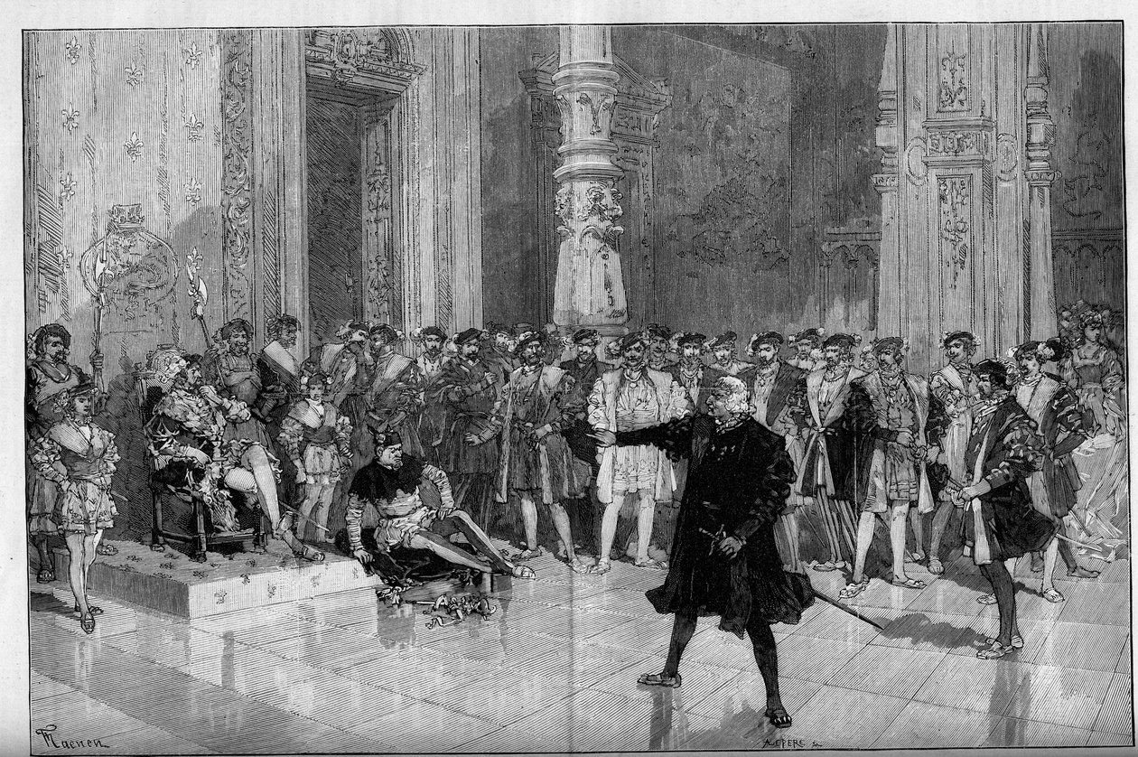 Teaterfremstilling: "Kongen har det sjovt" af Victor Hugo (1808-1883). Akt I scene 5: et værelse på Louvre, forbandelsen. M. de Saint Vallier (Saint-Vallier) før kong Francois I (Mounet Sully (eller Mounet Sully) 1841-1916) og narren Triboulet (Edmond) af Frederic de Haenen
