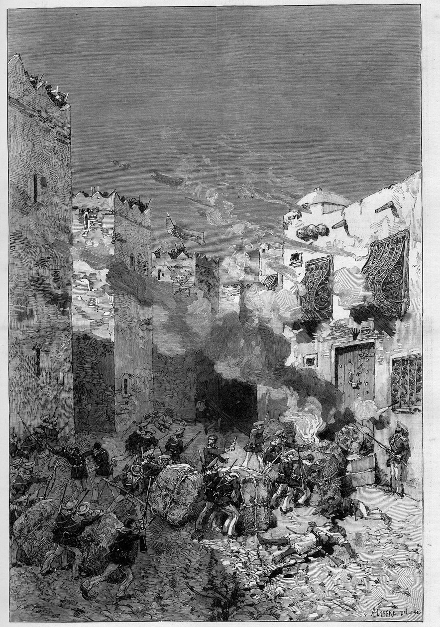 Tunesien, juli 1881: Franske tropper indtog byen Stax efter indbyggernes oprør mod det franske protektorat Tunesien. Marinerifler ryger arabiske huse placeret ved foden af kasbahen (kasbah) - Indgravering af De Haenen i "" The Illust af Frederic de Haenen