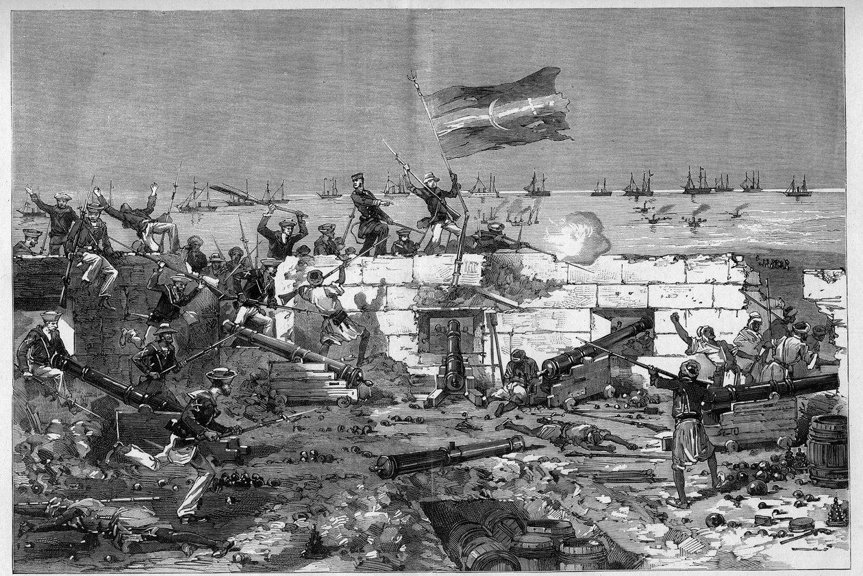 Tunesien, juli 1881: Franske tropper indtog byen Stax efter indbyggernes oprør mod det franske protektorat Tunesien. Marinerifler tager det cirkulære batteri af. Indgravering af De Haenen i "" The Illustrous World"" nr. 1273 af 20. august af Frederic de Haenen