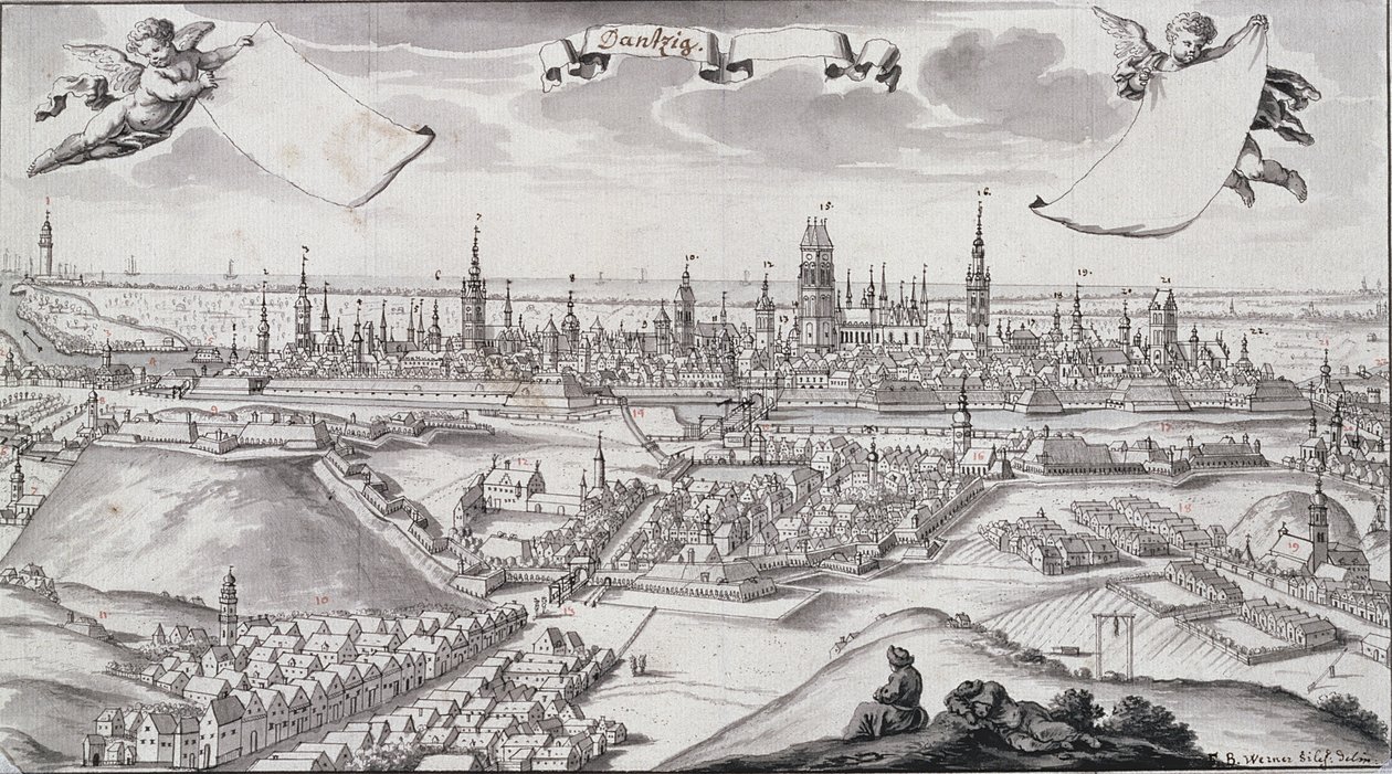 Panorama over Gdansk (blæk og sort vasket blæk på papir) af Frederich Wener