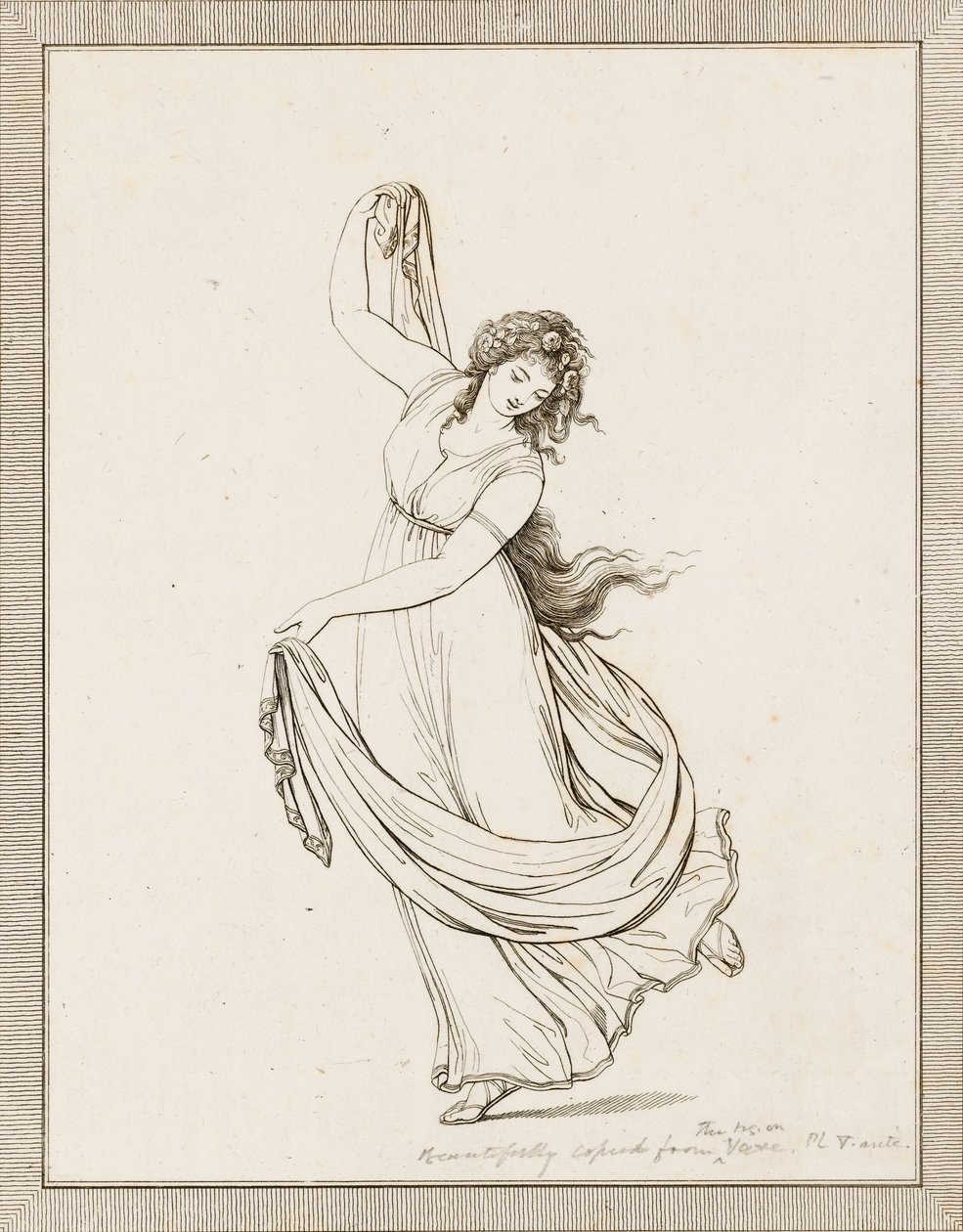 Emma, Lady Hamilton, i en klassisk positur, dansende og balancerende på sin højre fod af Frederich (after) Rehberg