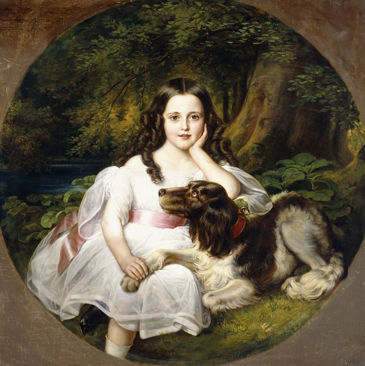 En ung pige hviler i et landskab med sin hund, af Frederich August Kaulbach