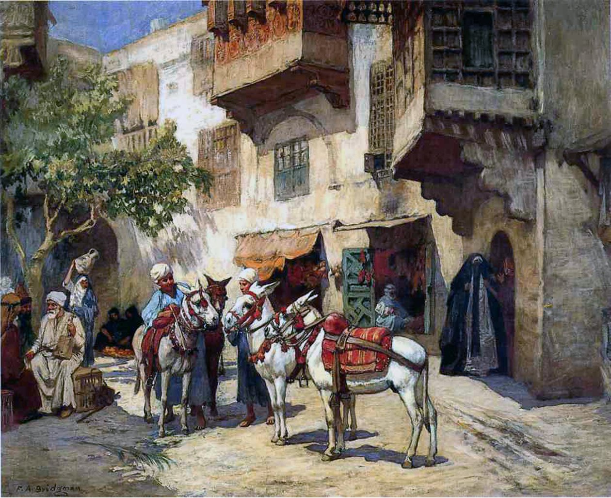 Orientalsk gade med æsler af Frederick Arthur Bridgman