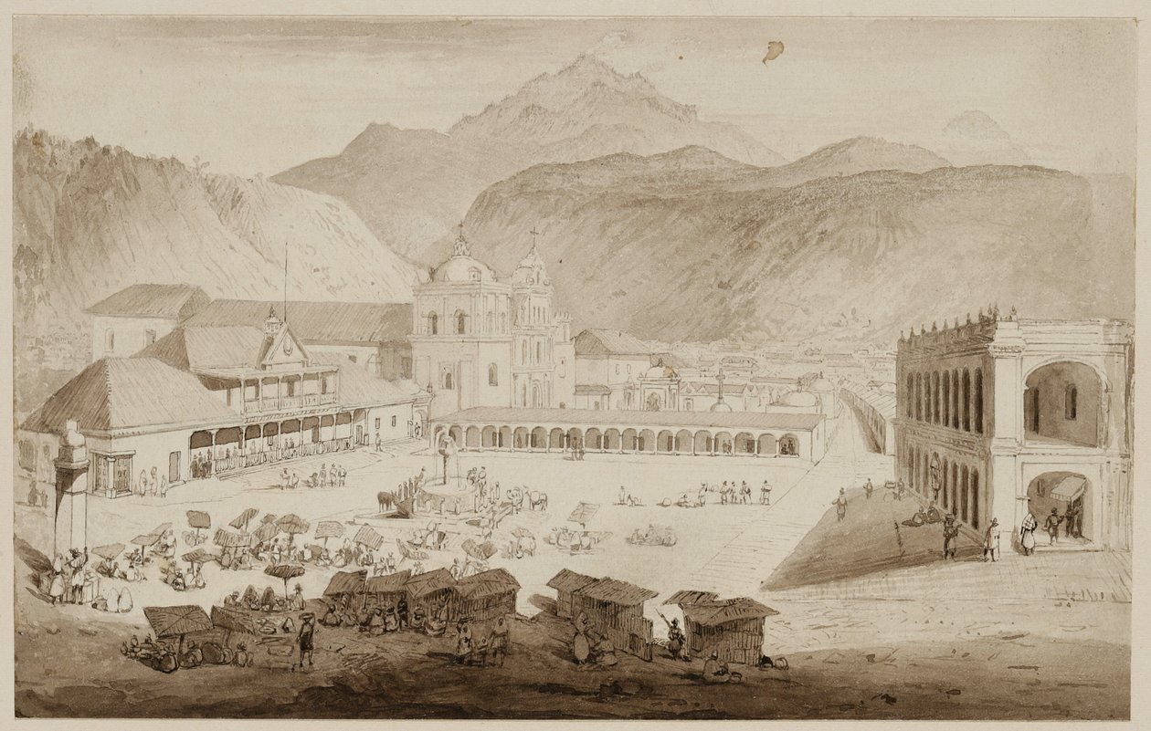 Byen Quezaltenango, Mellemamerika, 1840 (pen og blæk med vask på cremepapir) af Frederick Catherwood