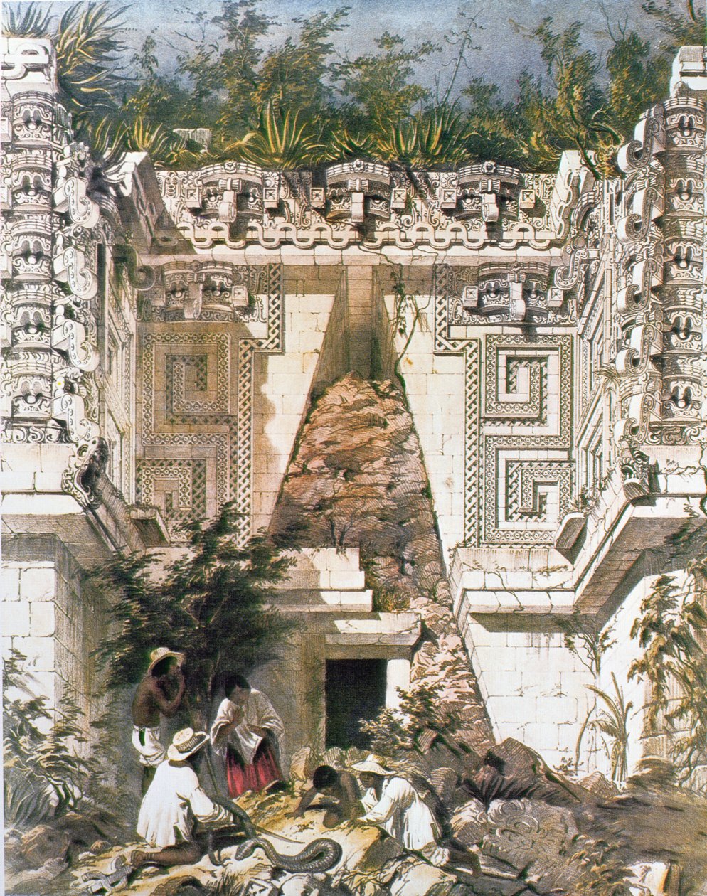 Guvernørpaladset, Uxmal, Yucatan, Mexico, 1844 (farvet litho) af Frederick Catherwood