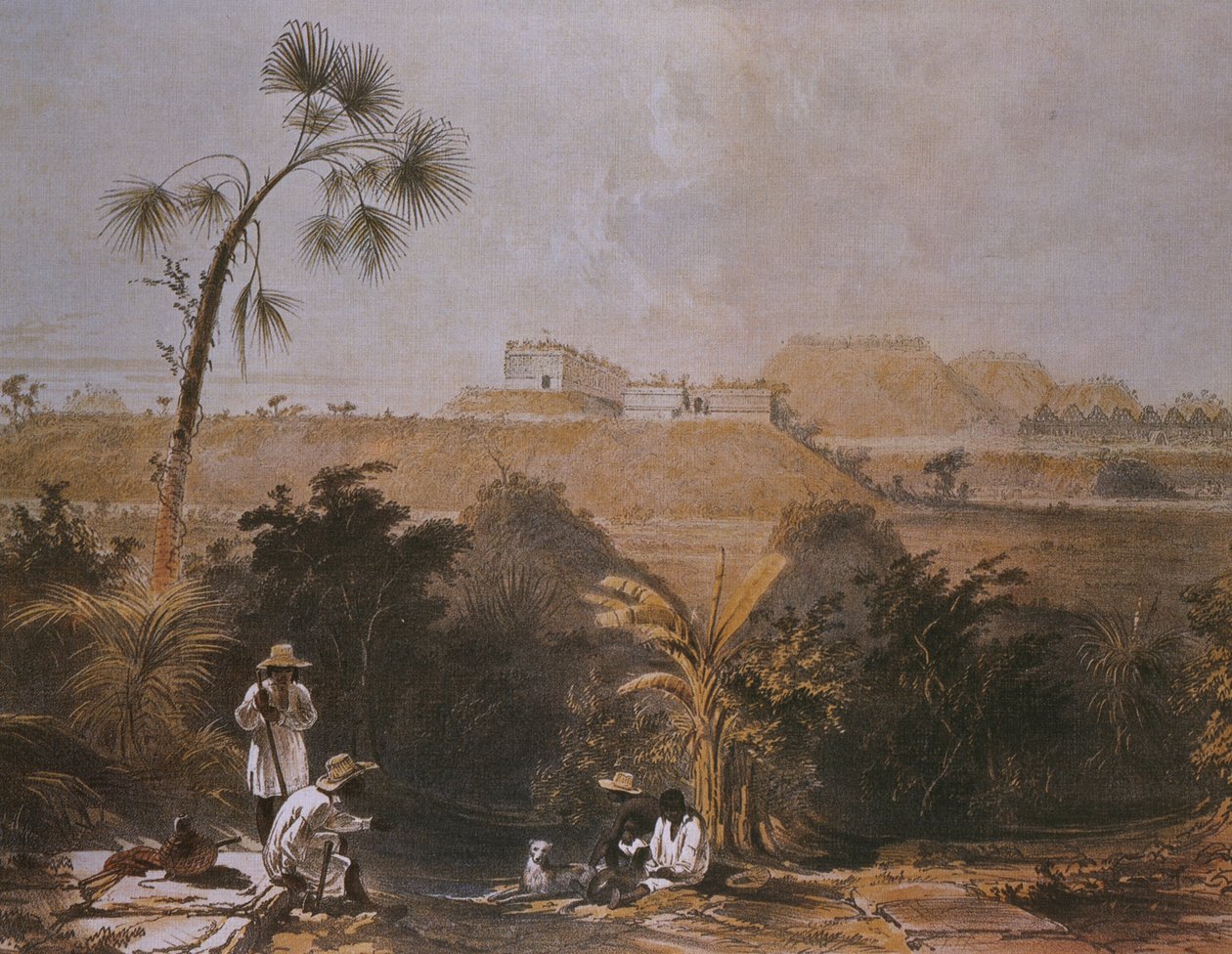 Panoramaudsigt over Uxmal, Yucatan, Mexico, illustration fra 
