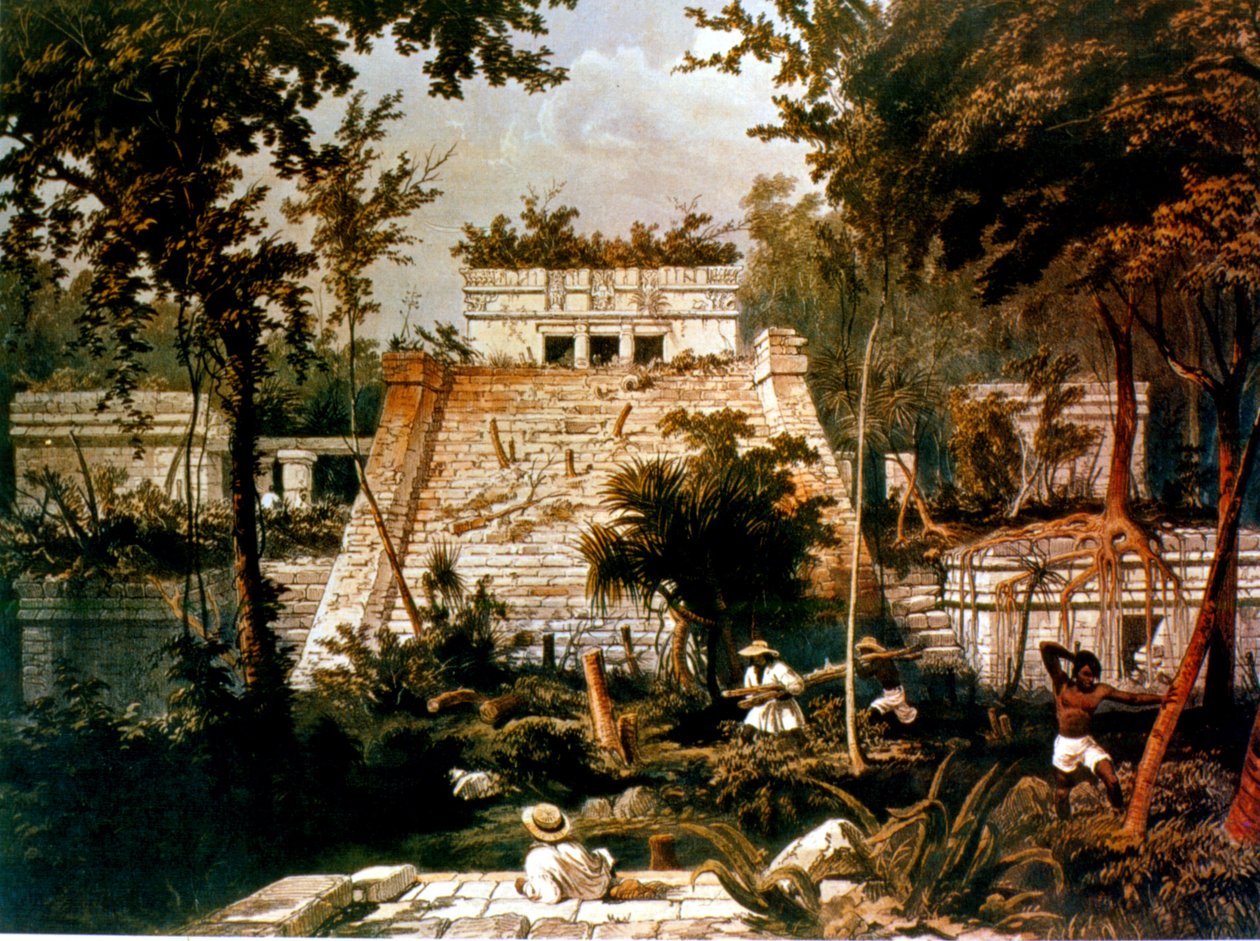 Tempel og pyramide, Tulum, Yucatan, Mexico, 1844 (farvet litho) af Frederick Catherwood
