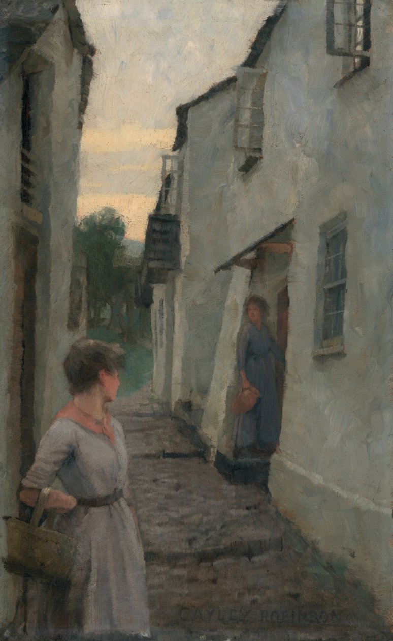 Gadescene med figur, Cornwall (olie om bord) af Frederick Cayley Robinson