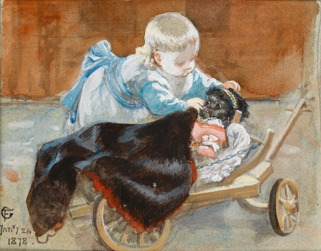 Frederica leger med en sort dukke, 1878 (wc på papir) af Frederick Goodall