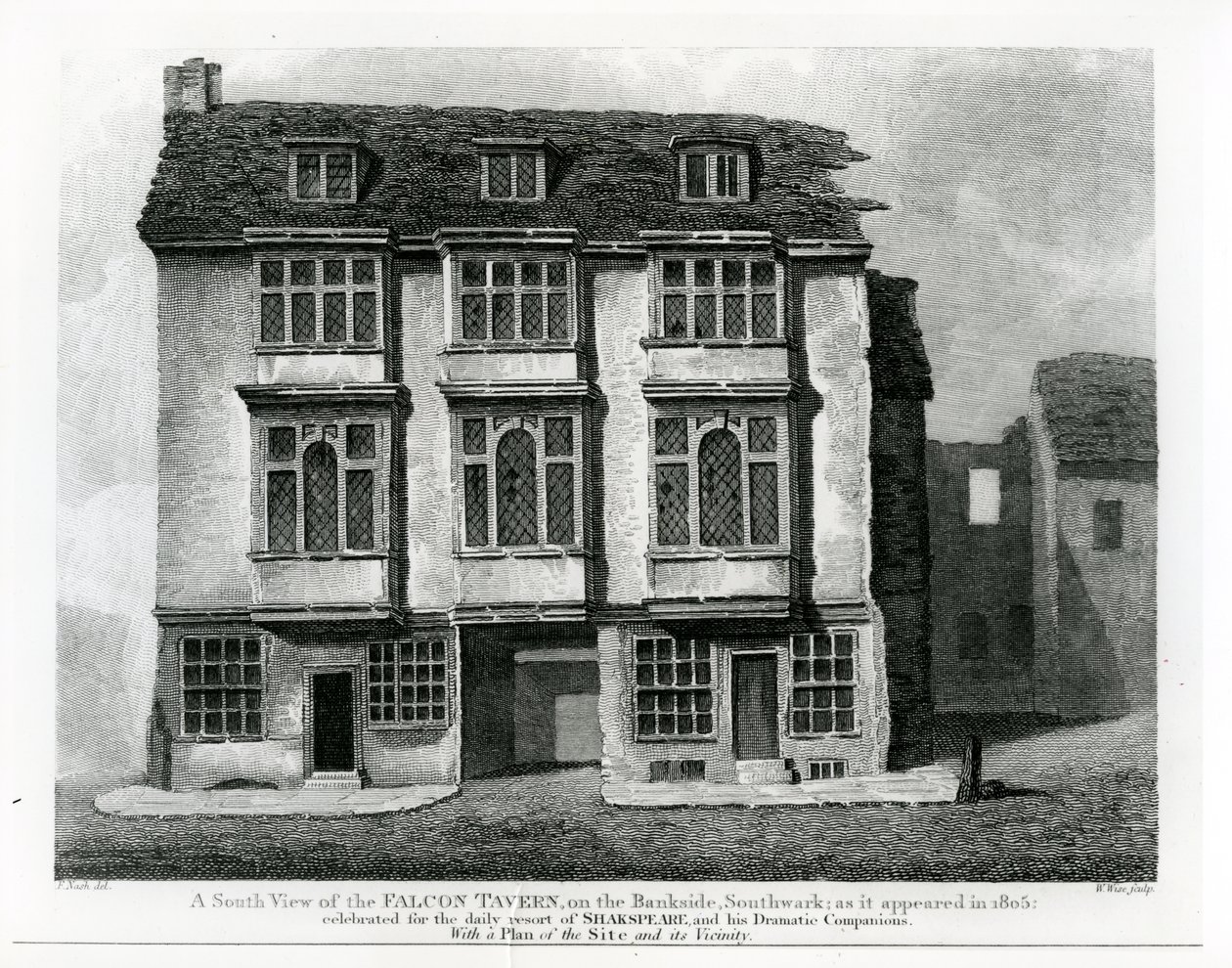 En sydlig udsigt over Falcon Tavern, på Bankside, Southwark, indgraveret af William Wise, 1811 af Frederick Nash