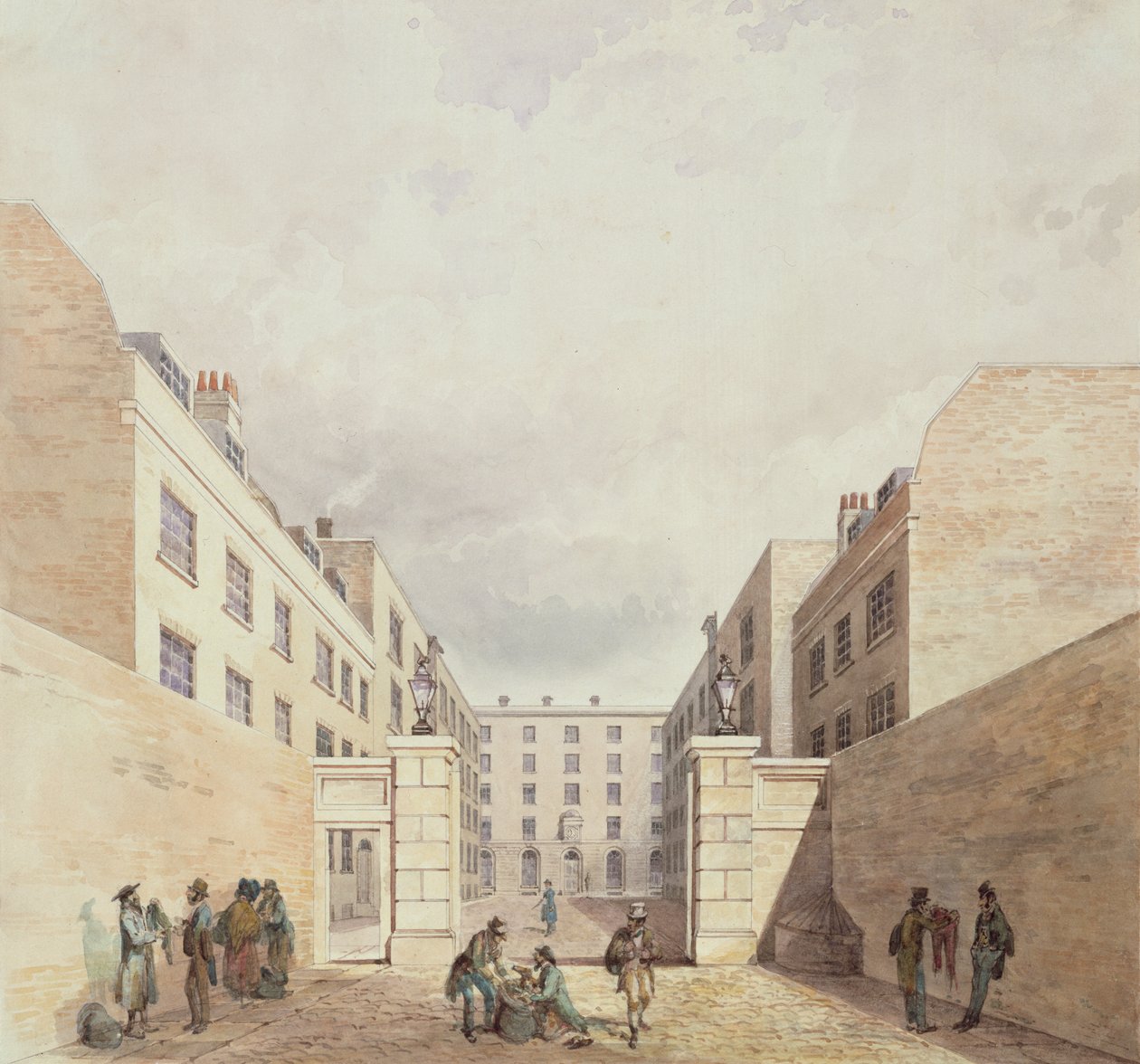 Udsigt over East India Companys varehuse fra Cutler Street, 1836 af Frederick Nash