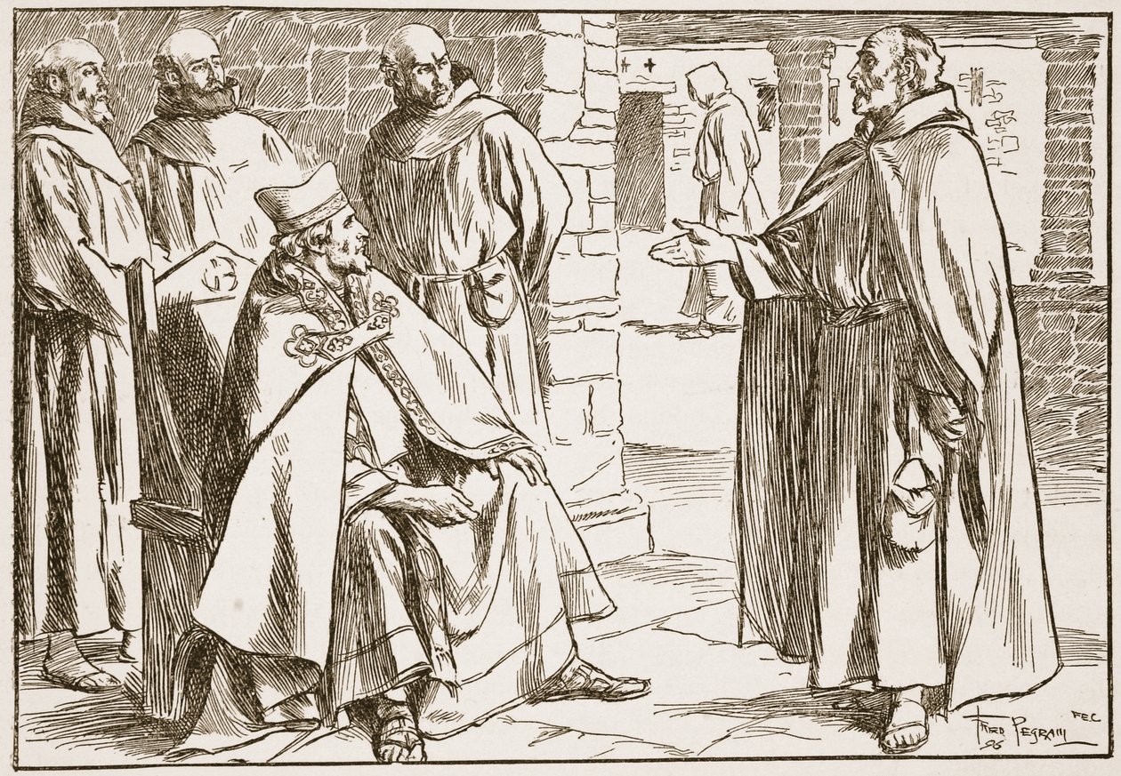 Biskop Dagan diskuterede med Laurence de forskellige punkter mellem romerske og keltiske kommunioner, illustration fra "The Church of England": A History for the People