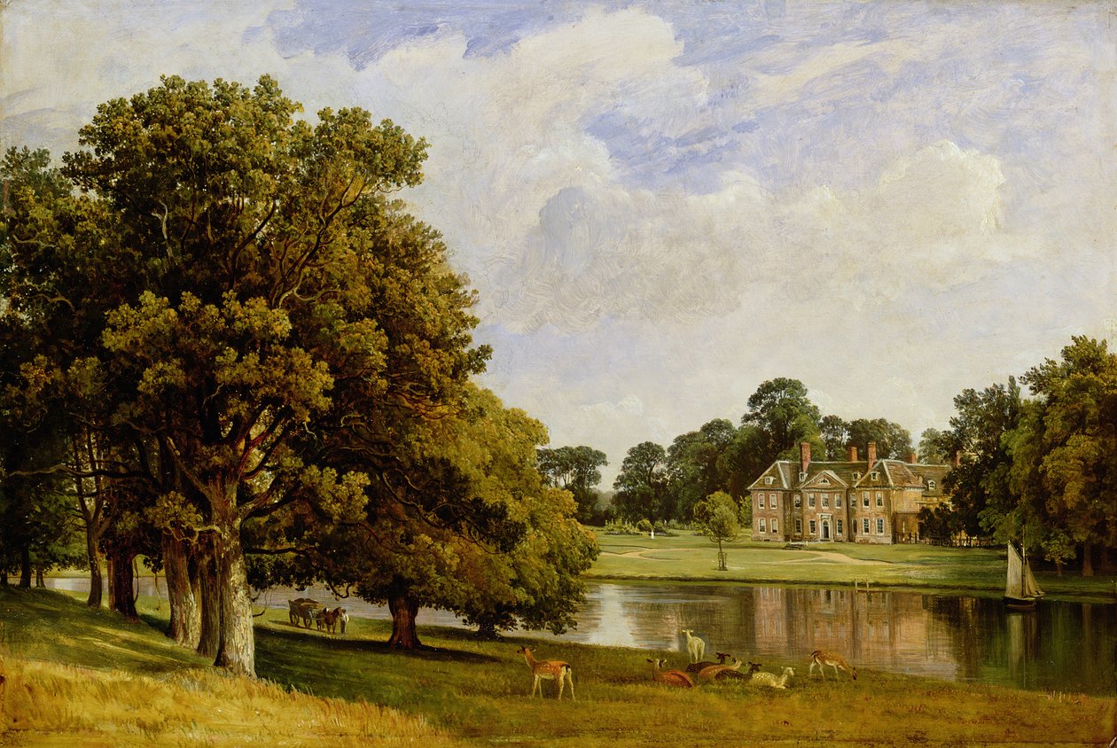Hjorte, der græsser ved søen, Chilston Park, Kent af Frederick Richard Lee