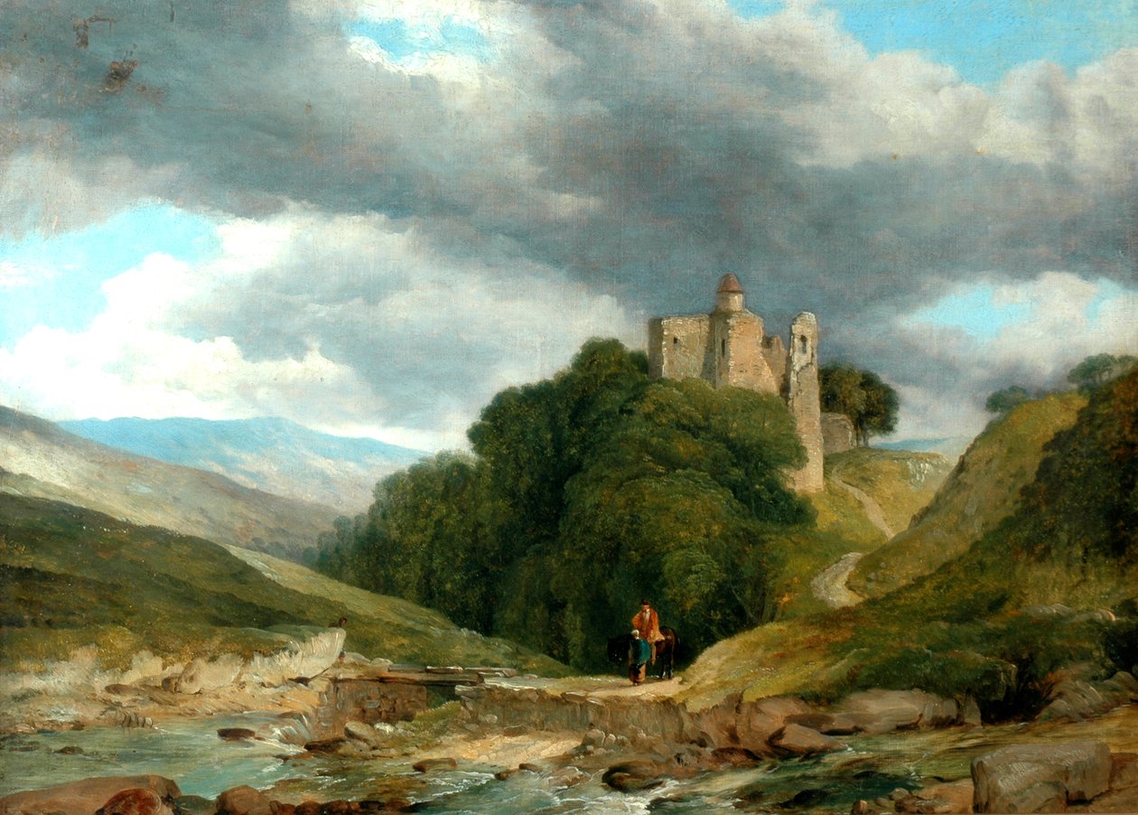 Landskab med ruineret slot, 1864 (olie på lærred, nyforet) af Frederick Richard Lee