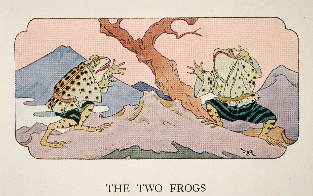 De to frøer, illustration fra Little Peaching and Other Tales of Old Japan, ca. 1928 af Frederick Richardson