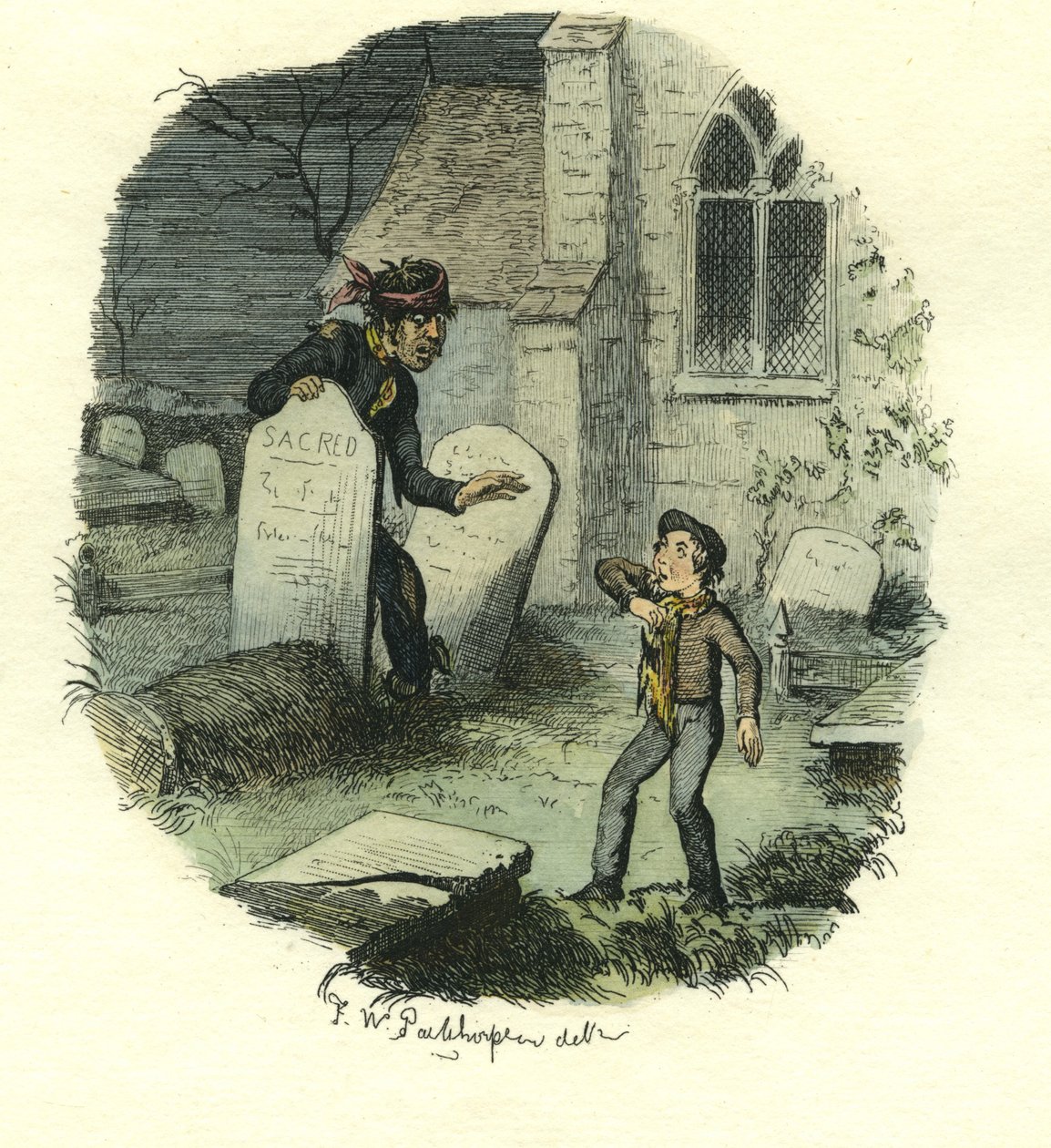 Pip and the Convict, Great Expectations, ca. 1885 (håndfarvet radering) af Frederick W. Pailthorpe