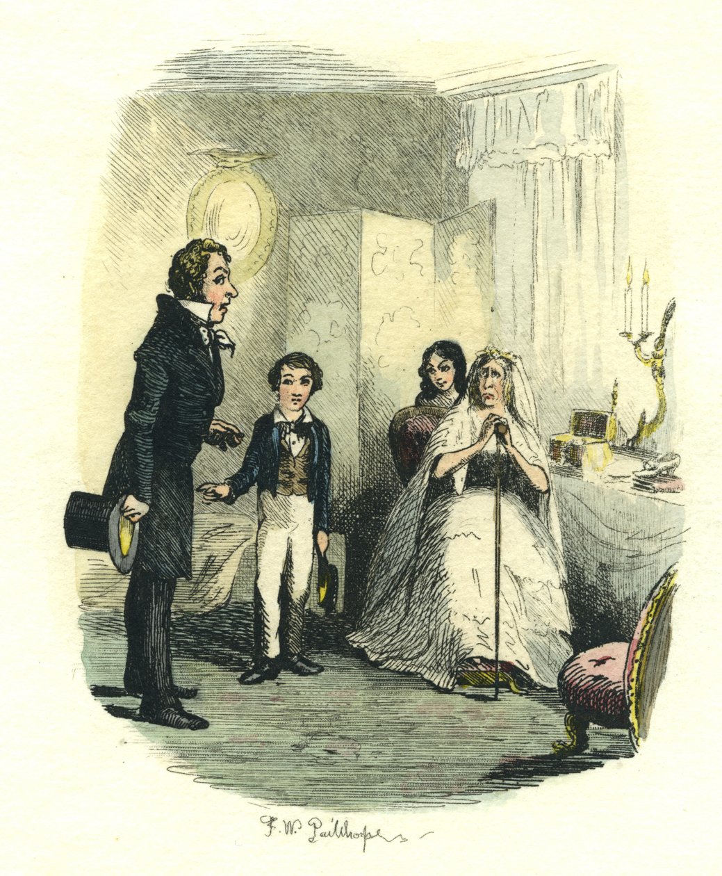 Dette er meget [sygt] liberalt fra din side Pip, Great Expectations, ca. 1885 (håndfarvet radering) af Frederick W. Pailthorpe