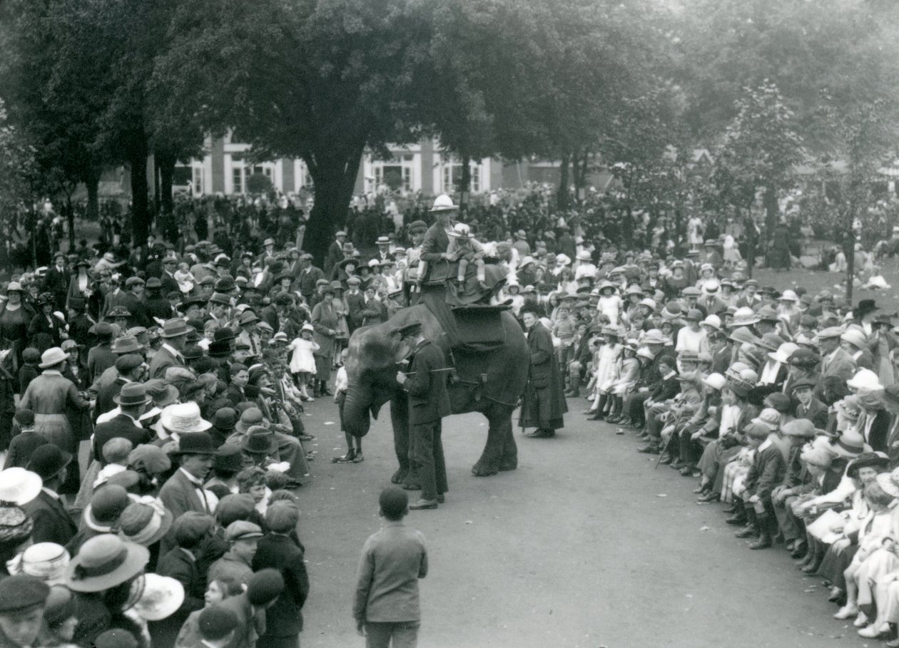 Masser af besøgende ser på en elefanttur i London Zoo, augustferien, 1922 af Frederick William Bond