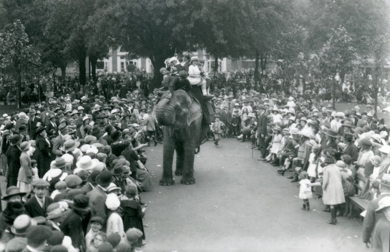 Masser af besøgende ser en elefanttur i London Zoo, august helligdag, 1922 af Frederick William Bond