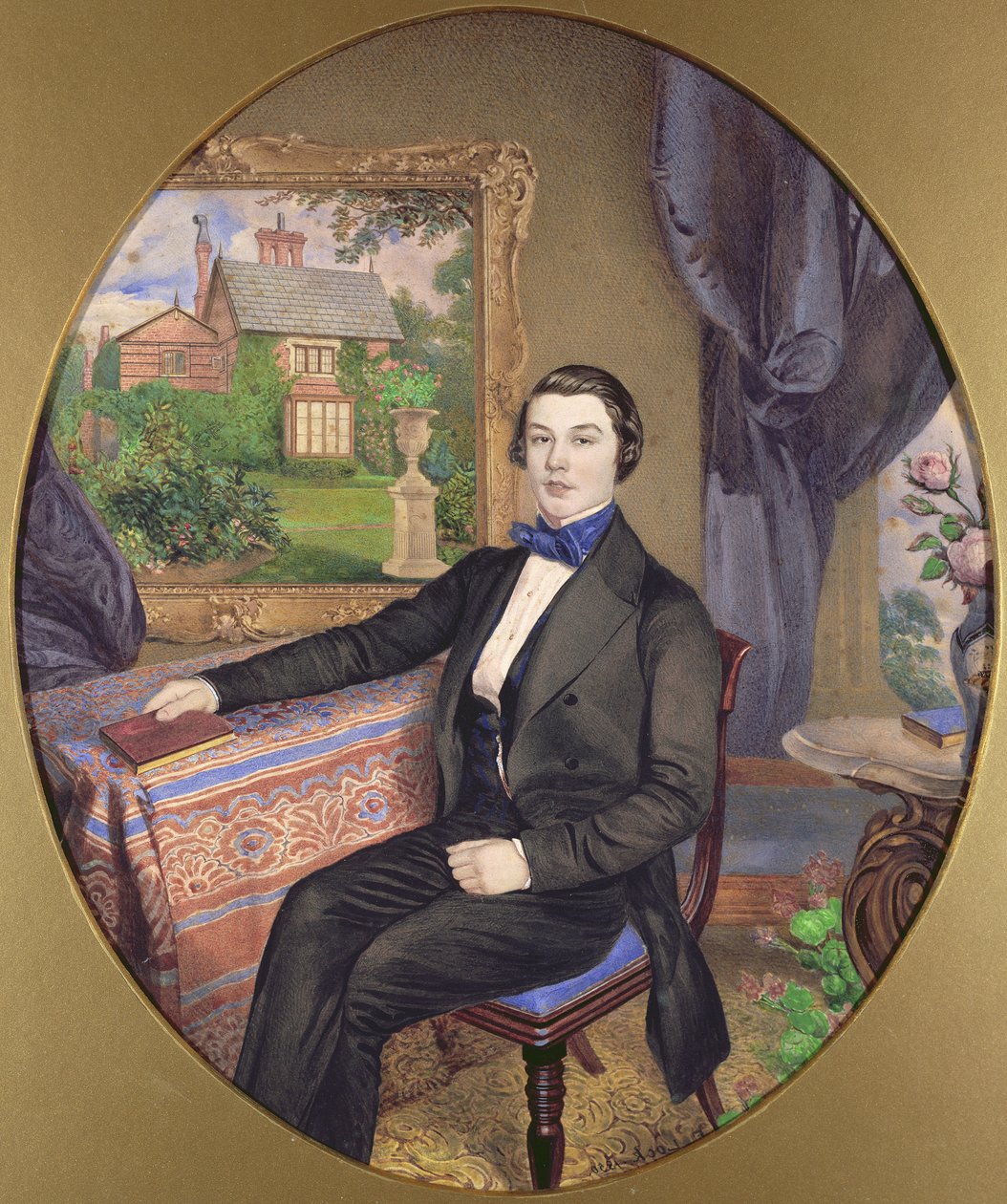 Portræt af en ung mand i et victoriansk interiør, 1850 (wc på papir) af Frederick William Lock